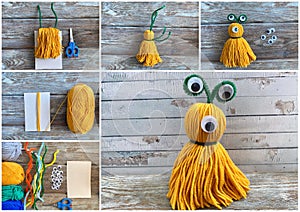 Needlework step by step, collage how to make a monster out of colored yarn.