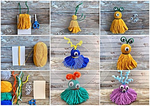 Needlework step by step, collage how to make a monster out of colored yarn.