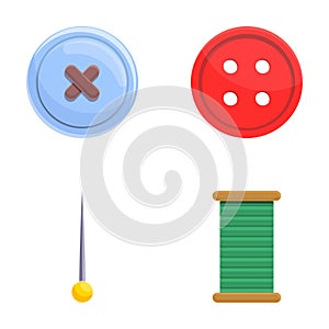 Needlework tool icons set cartoon vector. Spool of thread pin and button