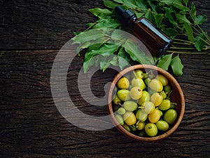 Neem leaf and neem fruit on wooden table.