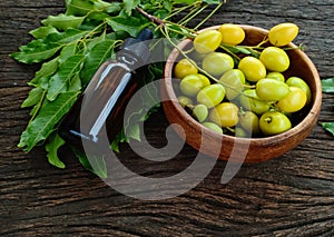 Neem leaf and neem fruit on wooden table. Neem oil is moisturizing oil