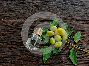 Neem leaf and neem fruit on wooden table. Neem oil is moisturizing oil