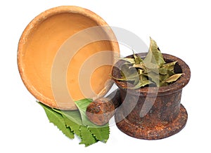 Neem leaf with soil bowl & iron mortar and pastle