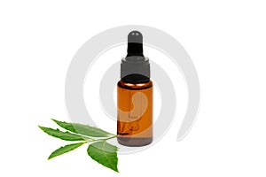 Neem oil in bottle and fresh neem leaf isolated on white background.