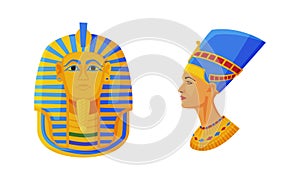 Nefertiti Bust and Pharaoh Head as Great Egyptian Royal Wife and King Vector Set