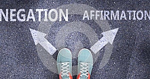 Negation and affirmation as different choices in life - pictured as words Negation, affirmation on a road to symbolize making