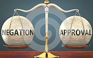 Negation and approval staying in balance - pictured as a metal scale with weights and labels negation and approval to symbolize