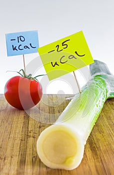 Negative-calories food, leeks and tomato