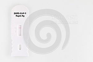 Negative covid test. Covid-19 has not been found. rapid Test on white background. SARS-CoV-2 Ag quick antibodies test kit.