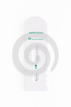 Negative covid test. Covid-19 has not been found. rapid Test on white background. SARS-CoV-2 Ag quick antibodies test kit.