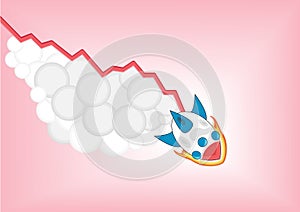 Negative decreasing growth chart with cartoon rocket falling down as infographic