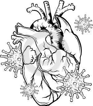 draw in black and white of virus infect a human heart vector illustration photo