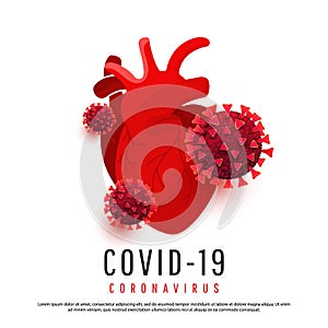 The effect of coronavirus on the human heart. 3d covid 19 cells infect a human heart isolated on a white background. Vector photo