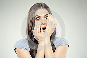 Negative emotion on face portrait of young woman.