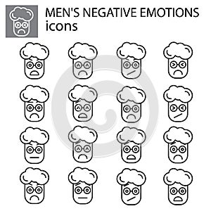 Negative emotions set vector boy, man linear icon. Negative facial expression emoticon vector sign, symbol black on white
