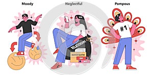 Negative Personality Traits series. Flat vector illustration.