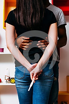 Negative pregnancy test, woman surprise partner