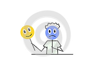 negative thinking, negative thoughts, bad mood, a man is holding a sad face mask simple sketch, doodle vector