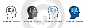 Negative Thinking Silhouette and Line Icon Set. Thumb Down in Human Head Pessimism and Frustration Symbol Collection