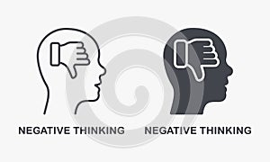 Negative Thinking Silhouette and Line Icon Set. Thumb Down in Human Head Pessimism and Frustration Symbol Collection
