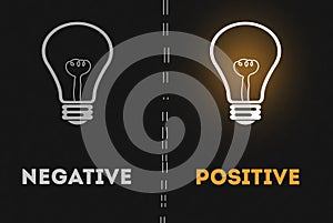 Negative thinking vs Positive thinking light bulb concept