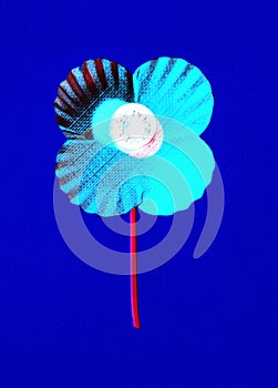 Negative view of a plastic poppy, so that the red poppy head looks blue, shot on a blue background