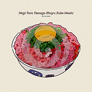 Negi Toro Tamago Shoyu Zuke Meshi Donburi, hand draw sketch vector