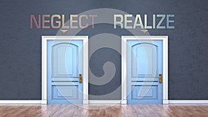 Neglect and realize as a choice - pictured as words Neglect, realize on doors to show that Neglect and realize are opposite