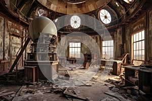 Neglected, Derelict Observatory With Shattered Telescopes And Faded Maps. Generative AI