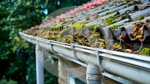 Neglected Gutters Overgrown with Moss and Debris. Concept Gutter Maintenance, Moss Removal, Debris