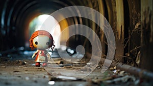 Neglected toy doll with red hair living alone in a dismal abandoned industrial factory - generative AI