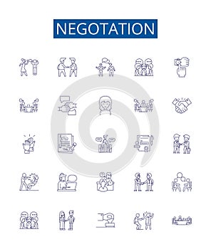 Negotation line icons signs set. Design collection of Negotiate, haggle, discuss, bargain, mediate, arbitrate, parley