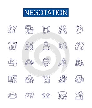 Negotation line icons signs set. Design collection of Negotiate, haggle, discuss, bargain, mediate, arbitrate, parley