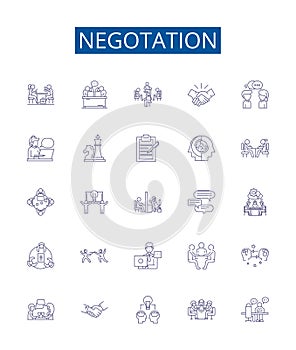 Negotation line icons signs set. Design collection of Negotiate, haggle, discuss, bargain, mediate, arbitrate, parley