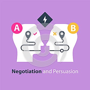 Negotiation and persuasion, communication concept, two sides, common ground