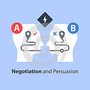 Negotiation and persuasion, communication concept, two sides, common ground photo