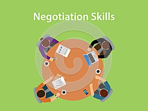 Negotiation skills illustration with four people discuss in one table with paperworks, coffee and laptop on top of table photo