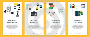 Negotitation, meeting business,  signature contract, earnings calendar icons