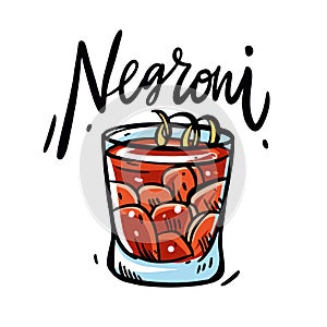 Negroni alcoholic cocktail hand drawn illustration. Cartoon style
