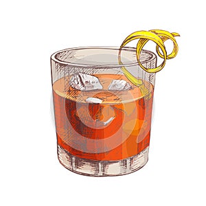 Negroni cocktail with ice cube and twist slice lemon. Vector vintage hatching