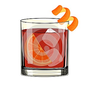 Negroni cocktail with ice cube and twist slice orange. Classic alcoholic drink. Retro style.