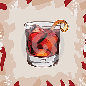 Negroni Contemporary classic cocktail illustration. Alcoholic bar drink hand drawn vector. Pop art
