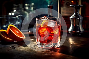 A Negroni Sbagliato cocktail with ice cubes on a bar counter photo
