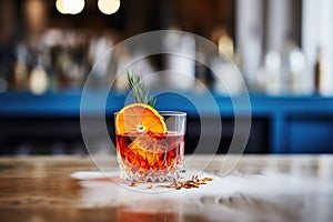 negroni with twisted orange zest, flaming for aroma