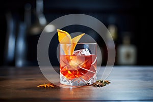 negroni with twisted orange zest, flaming for aroma