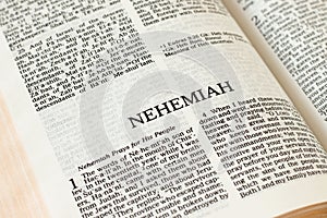 Nehemiah Bible open Book Holy Christian Scripture Old Testament close-up
