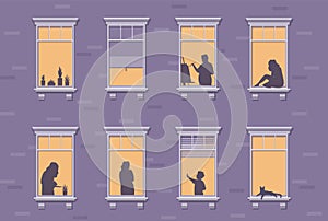 Neighbor characters. Windows with people stay at home, silhouettes of man and woman through the window, apartment