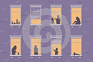 Neighbor characters. Windows with people stay at home, silhouettes of man and woman through the window, apartment photo