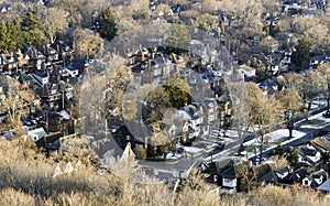 Neighborhood community seen from above at sunrise, houses