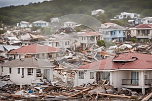 neighborhood and houses destroyed by tornado at sunset near the sea illustration